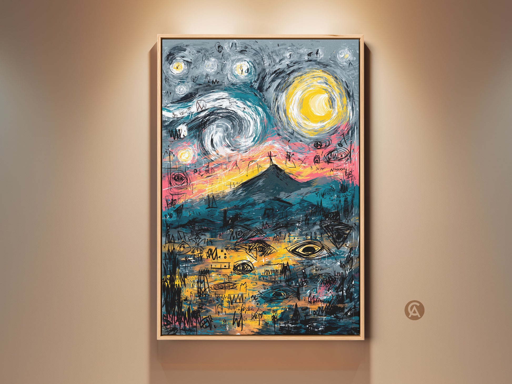 Framed abstract art print. The artwork features a mountain under a starry sky. The art print is framed and displayed on a neutral wall. Purchase museum-quality framed art prints online.