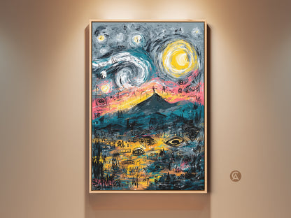 Framed abstract art print. The artwork features a mountain under a starry sky. The art print is framed and displayed on a neutral wall. Purchase museum-quality framed art prints online.