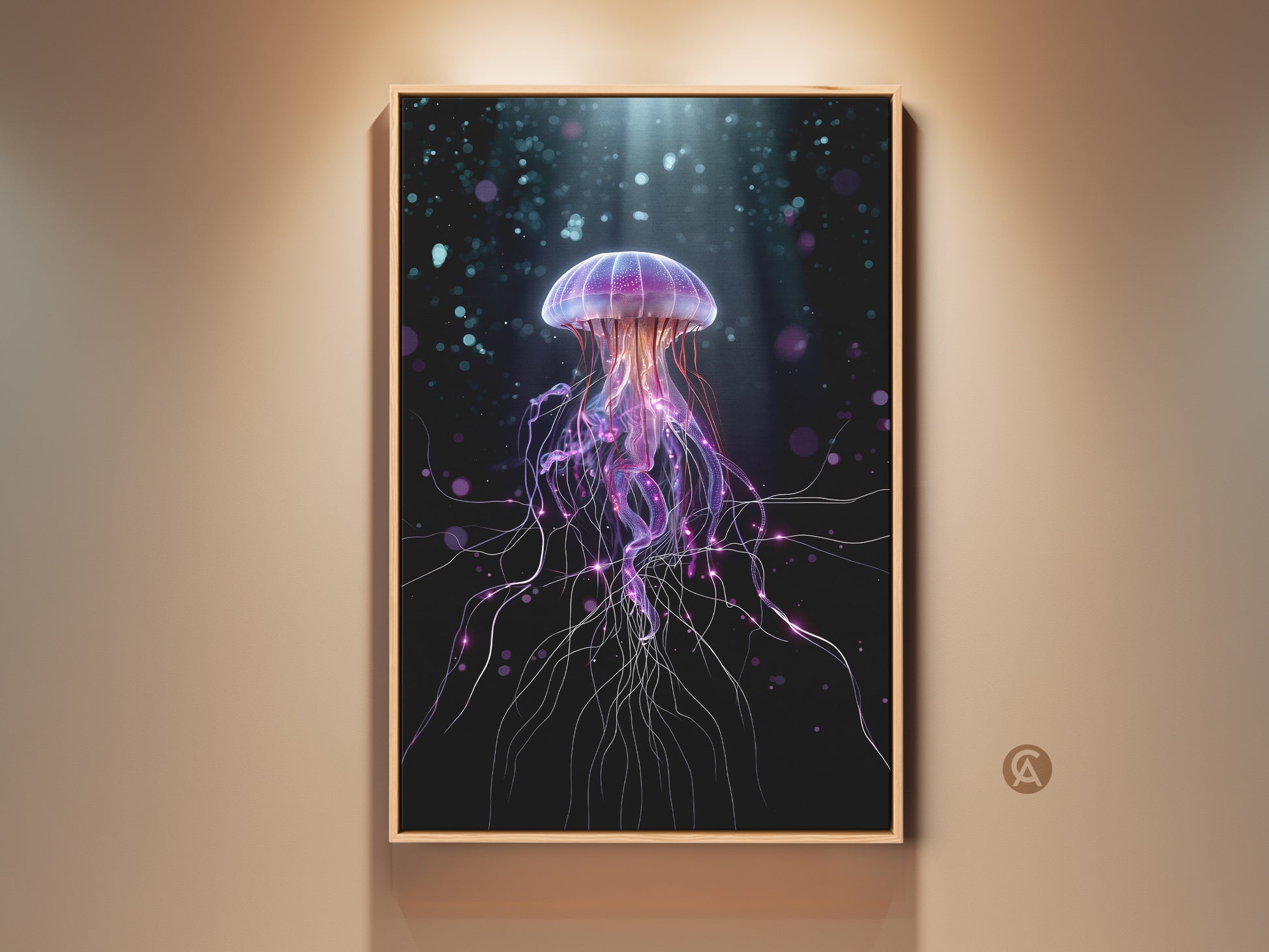 Framed surreal jellyfish art print. This purple and teal ocean life canvas adds abstract fantasy to your bedroom. The contemporary artwork brings an underwater scene to any room. It's a unique gift idea for ocean lovers seeking modern wall decor.