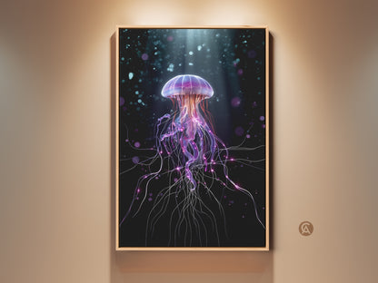 Framed surreal jellyfish art print. This purple and teal ocean life canvas adds abstract fantasy to your bedroom. The contemporary artwork brings an underwater scene to any room. It's a unique gift idea for ocean lovers seeking modern wall decor.