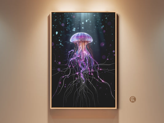Framed surreal jellyfish art print. This purple and teal ocean life canvas adds abstract fantasy to your bedroom. The contemporary artwork brings an underwater scene to any room. It's a unique gift idea for ocean lovers seeking modern wall decor.