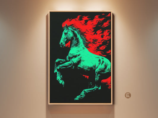 Eclectic pop art horse canvas print in a wood frame. The green and red flaming equine artwork is study room decor. A unique gift idea for horse lovers. This bold contrast animal wall art makes a statement.