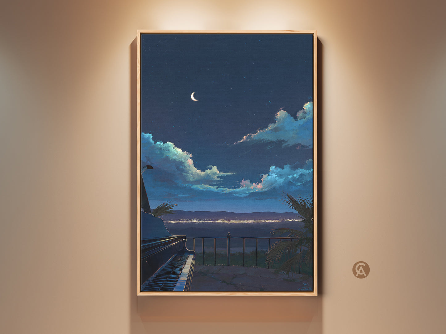 Indigo Crescent Moon Grand Piano Canvas Art displayed in a room setting. The night sky wall art print adds an eclectic touch. This dreamy landscape artwork makes a unique housewarming gift.
