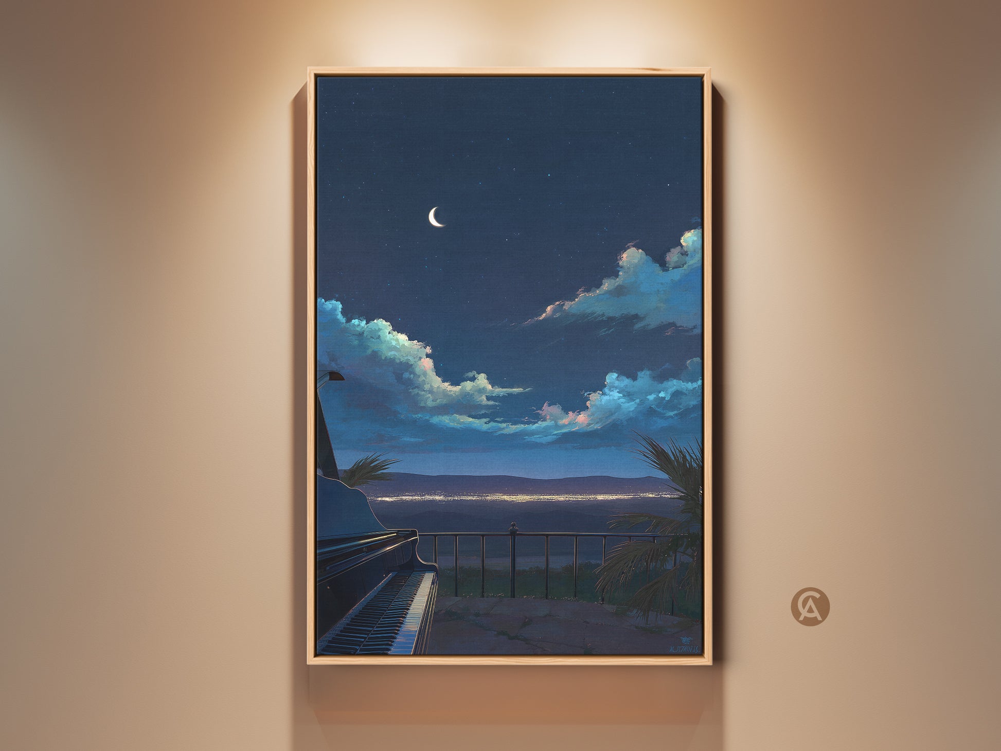 Indigo Crescent Moon Grand Piano Canvas Art displayed in a room setting. The night sky wall art print adds an eclectic touch. This dreamy landscape artwork makes a unique housewarming gift.