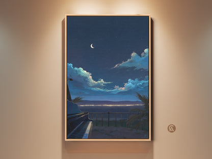Indigo Crescent Moon Grand Piano Canvas Art displayed in a room setting. The night sky wall art print adds an eclectic touch. This dreamy landscape artwork makes a unique housewarming gift.
