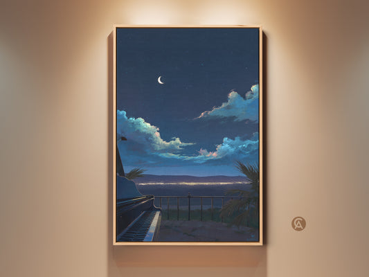 Indigo Crescent Moon Grand Piano Canvas Art displayed in a room setting. The night sky wall art print adds an eclectic touch. This dreamy landscape artwork makes a unique housewarming gift.