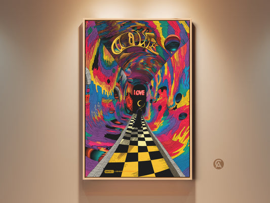 A vibrant psychedelic art print that draws you into its depths. The artwork features a checkerboard path leading to the word 'LOVE'. The art piece contains an array of colors and surreal imagery. This print would make a bold statement in any room. Perfect for lovers of psychedelic art.