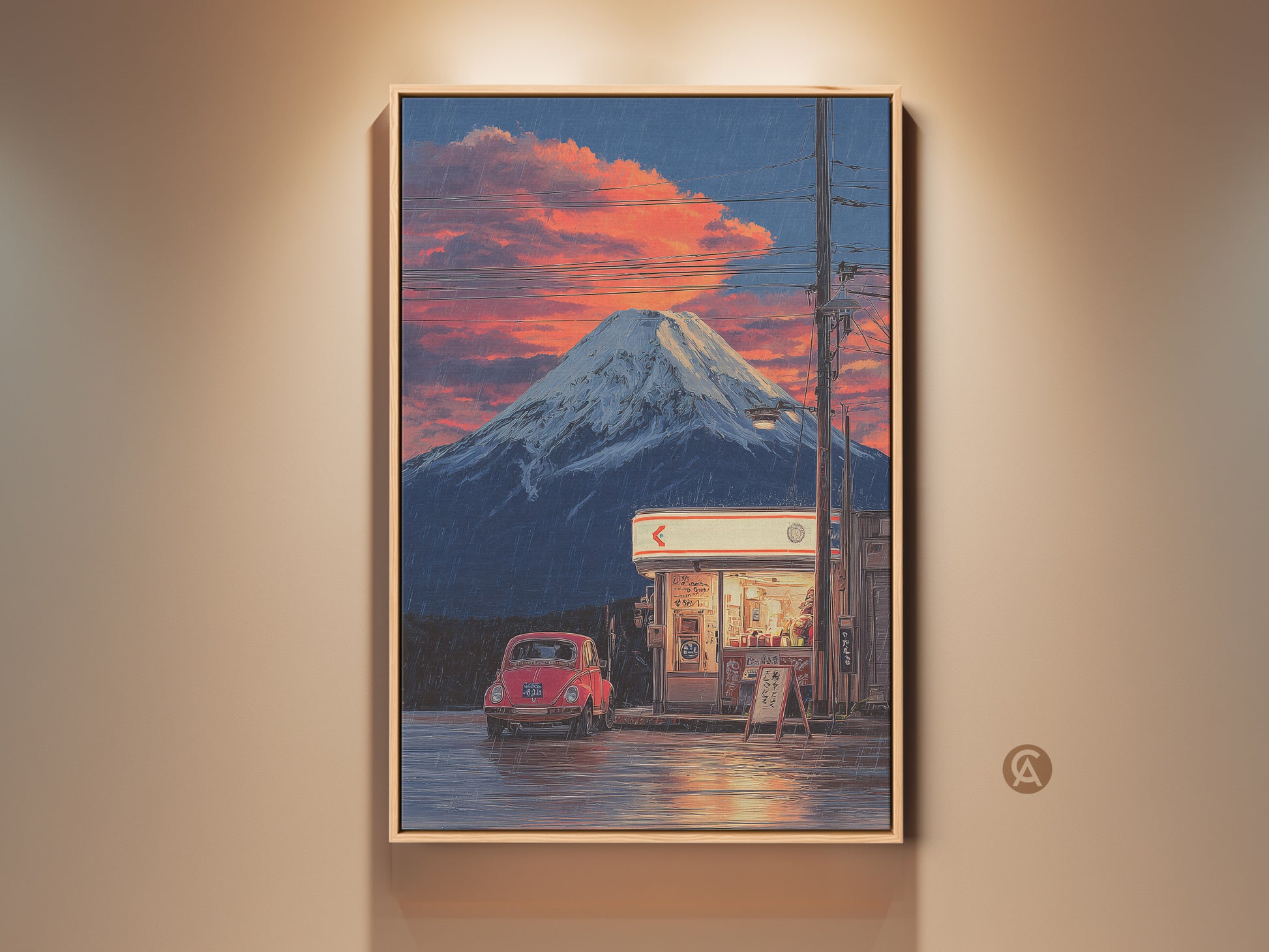 Anime style Mount Fuji art print in a wooden frame. This retro Japanese landscape canvas shows a vintage red car near a roadside store. The sunset clouds add a nostalgic travel poster vibe. This wall decor brings an eclectic touch to any room.