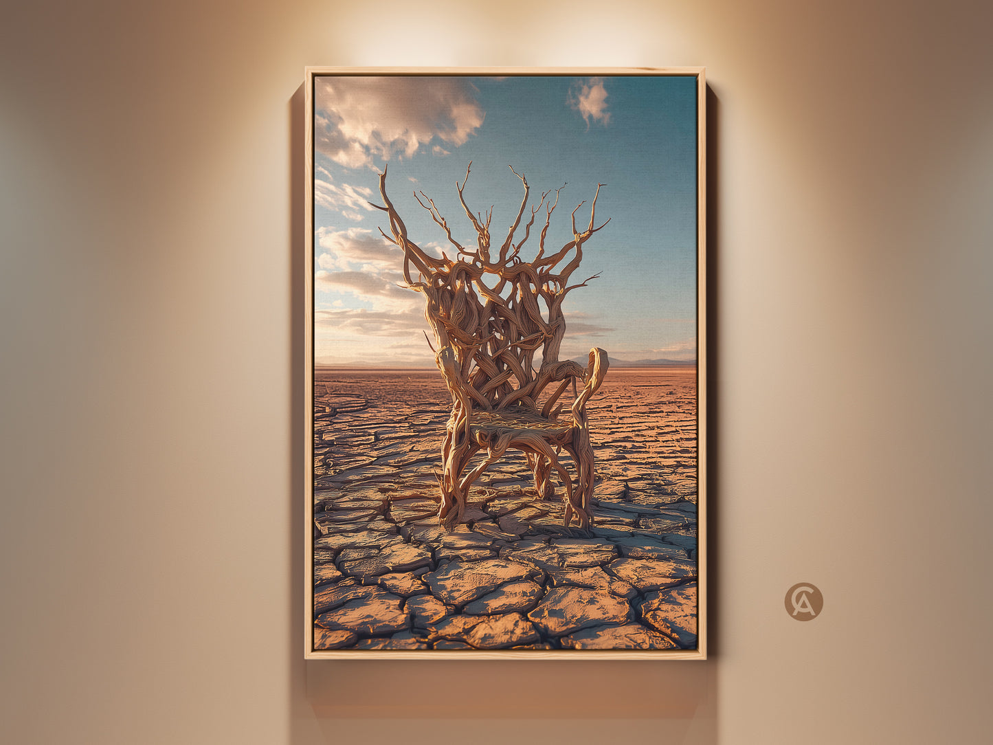 Earth tones desert landscape art print. It features a surreal tree chair against a cracked desert ground. This abstract nature wall art is perfect study room decor with a sky blue accent wall.