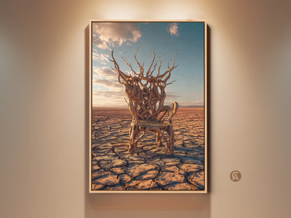 Earth tones desert landscape art print. It features a surreal tree chair against a cracked desert ground. This abstract nature wall art is perfect study room decor with a sky blue accent wall.