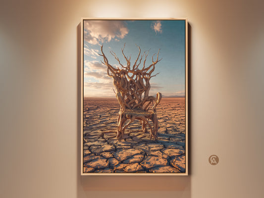 Earth tones desert landscape art print. It features a surreal tree chair against a cracked desert ground. This abstract nature wall art is perfect study room decor with a sky blue accent wall.