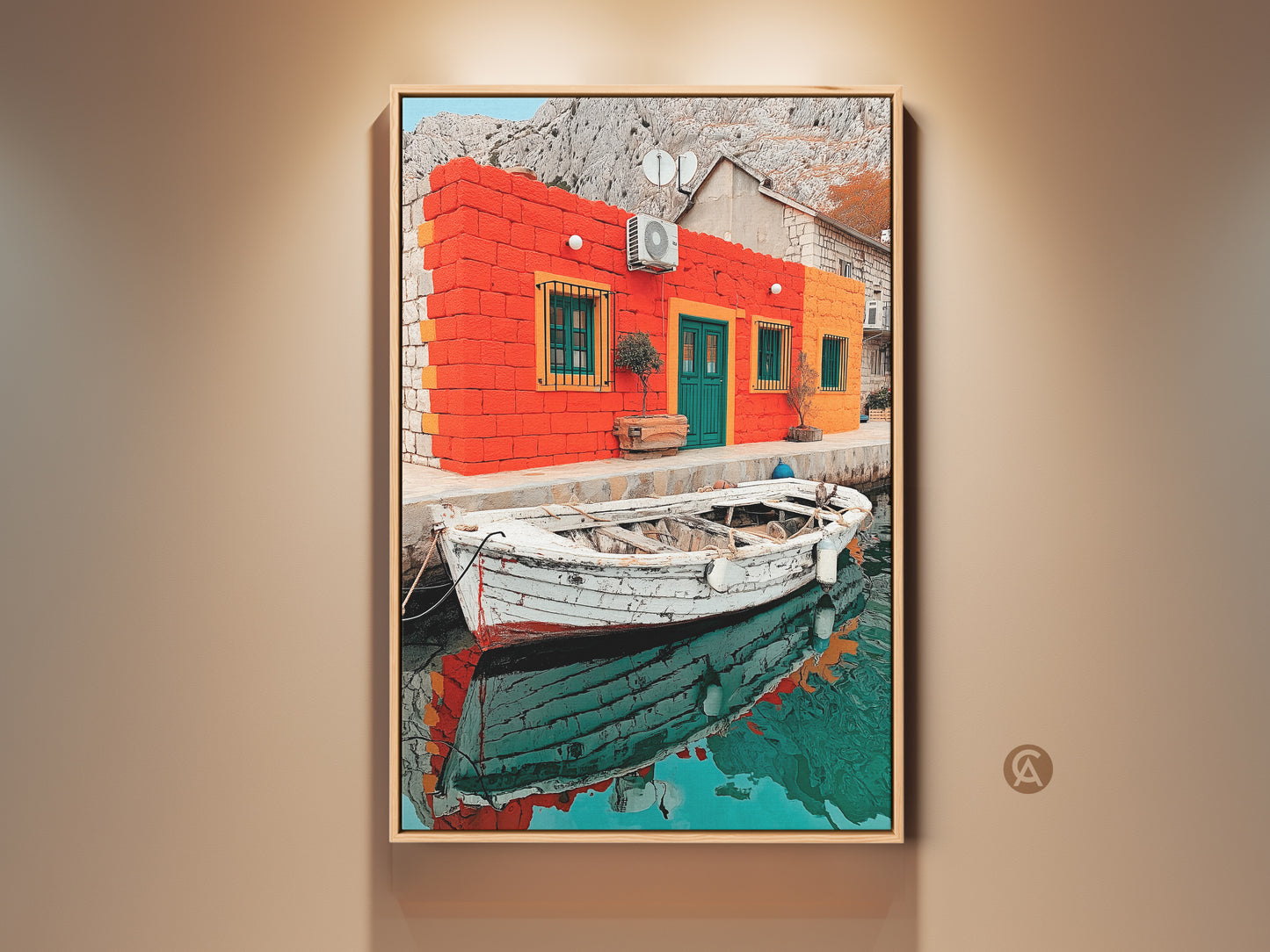 This Mediterranean coastal art print displays a vibrant orange and teal house with a boat. It features a realism landscape perfect as wall decor. This travel lover gift captures a classic coastal scene.