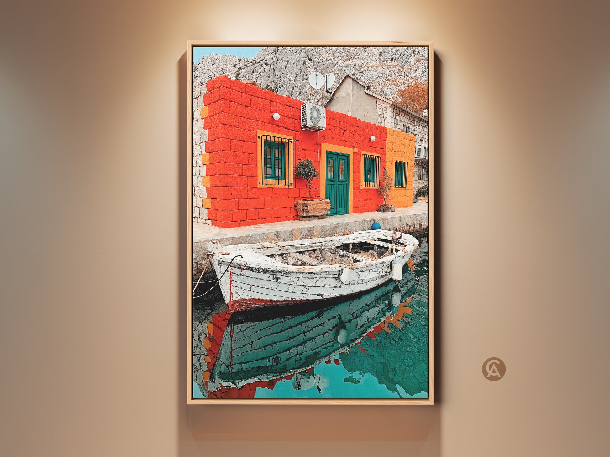 This Mediterranean coastal art print displays a vibrant orange and teal house with a boat. It features a realism landscape perfect as wall decor. This travel lover gift captures a classic coastal scene.