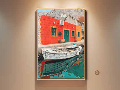 This Mediterranean coastal art print displays a vibrant orange and teal house with a boat. It features a realism landscape perfect as wall decor. This travel lover gift captures a classic coastal scene.