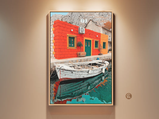 This Mediterranean coastal art print displays a vibrant orange and teal house with a boat. It features a realism landscape perfect as wall decor. This travel lover gift captures a classic coastal scene.
