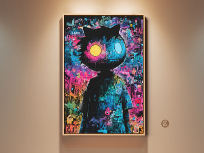 Framed captivating artwork featuring a whimsical character with mismatched eyes. The piece has a unique style. This art is displayed against a neutral wall. The artwork adds a touch of modern creativity to any space. Perfect for art lovers seeking unique decor.