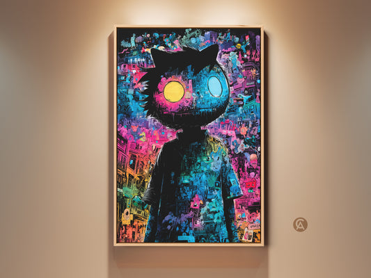 Framed captivating artwork featuring a whimsical character with mismatched eyes. The piece has a unique style. This art is displayed against a neutral wall. The artwork adds a touch of modern creativity to any space. Perfect for art lovers seeking unique decor.