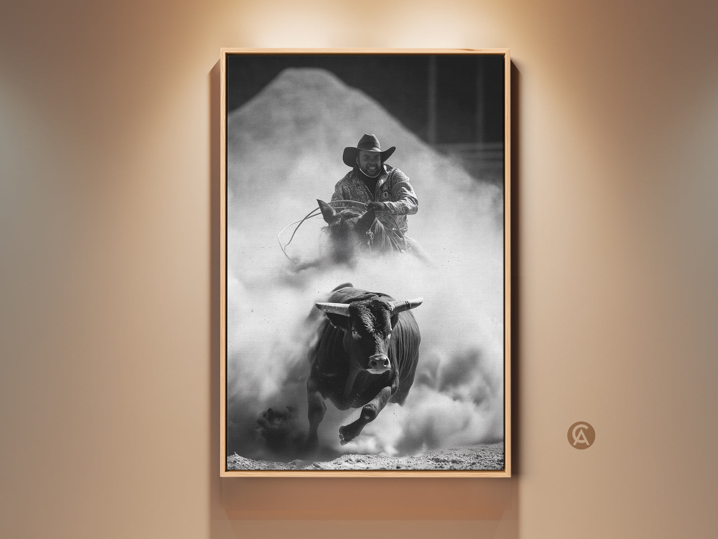 Monochrome Rodeo Canvas Print featuring a bull rider and charging bull. This Western wall art adds a rustic cowboy decor to any space. A perfect man cave and office gift. The artwork captures the raw energy of the rodeo. It brings the excitement of the arena into your home.