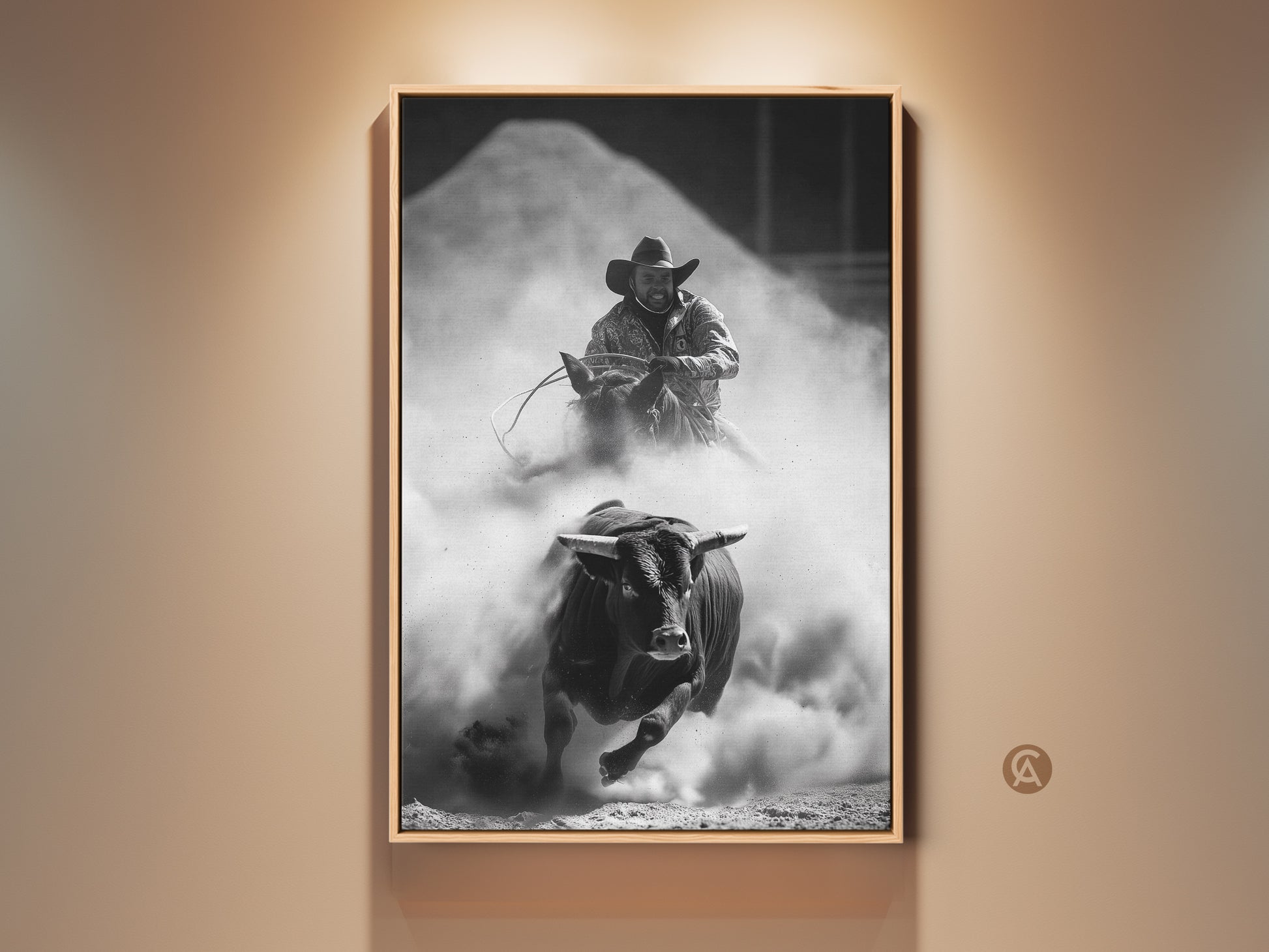 Monochrome Rodeo Canvas Print featuring a bull rider and charging bull. This Western wall art adds a rustic cowboy decor to any space. A perfect man cave and office gift. The artwork captures the raw energy of the rodeo. It brings the excitement of the arena into your home.