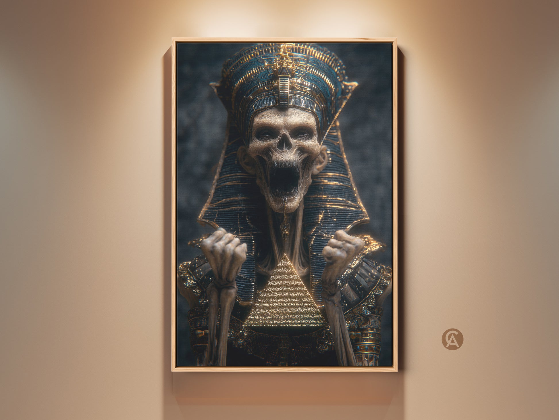 Framed gothic pharaoh skeleton art print. The eclectic wall art features gold and blue hues. This egyptian mythology canvas is a dark academia decor gift. The art is a pyramid canvas.