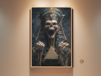 Framed gothic pharaoh skeleton art print. The eclectic wall art features gold and blue hues. This egyptian mythology canvas is a dark academia decor gift. The art is a pyramid canvas.