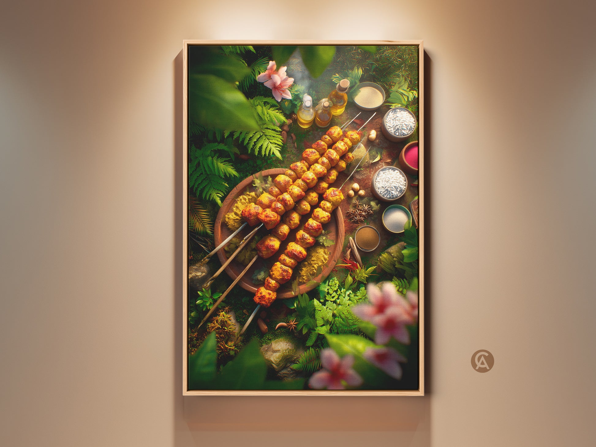A vibrant still life art print featuring grilled skewers. The skewers are arranged on a wooden plate. Lush green foliage and delicate pink flowers surround the dish creating a jungle aesthetic. This food-themed wall art brings a taste of adventure and culinary delight to any space.