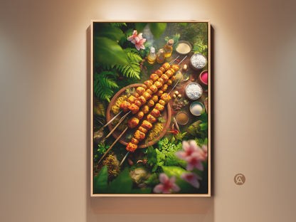 A vibrant still life art print featuring grilled skewers. The skewers are arranged on a wooden plate. Lush green foliage and delicate pink flowers surround the dish creating a jungle aesthetic. This food-themed wall art brings a taste of adventure and culinary delight to any space.