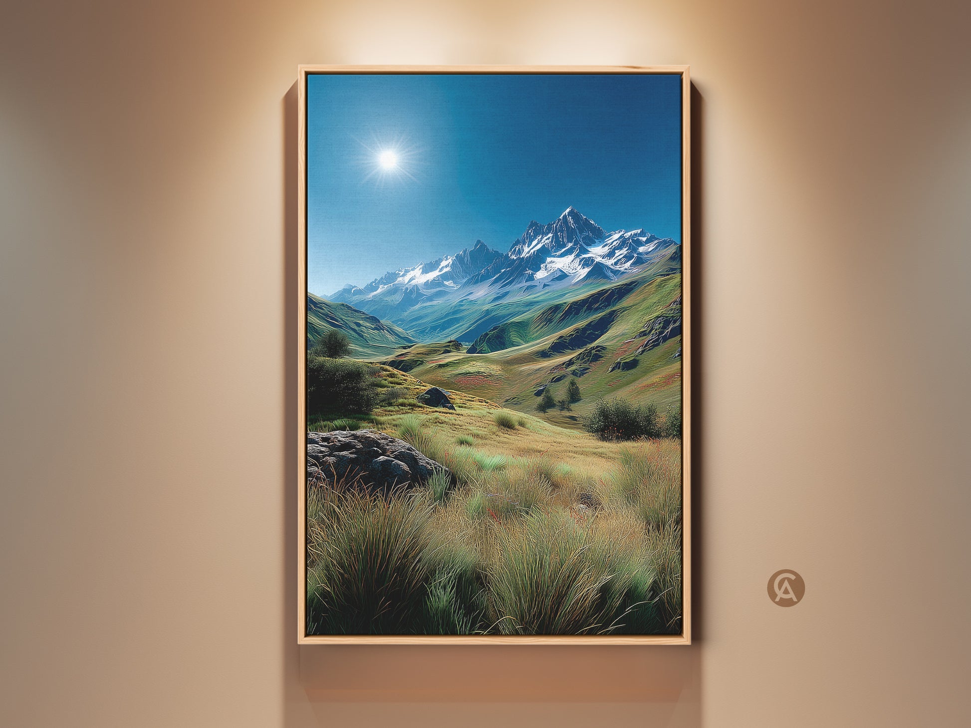 Gallery artwork of a breathtaking mountain landscape. The sun shines brightly over snow-capped peaks. Lush green valleys and meadows create a serene and majestic atmosphere. Perfect wall art for nature lovers seeking tranquility.