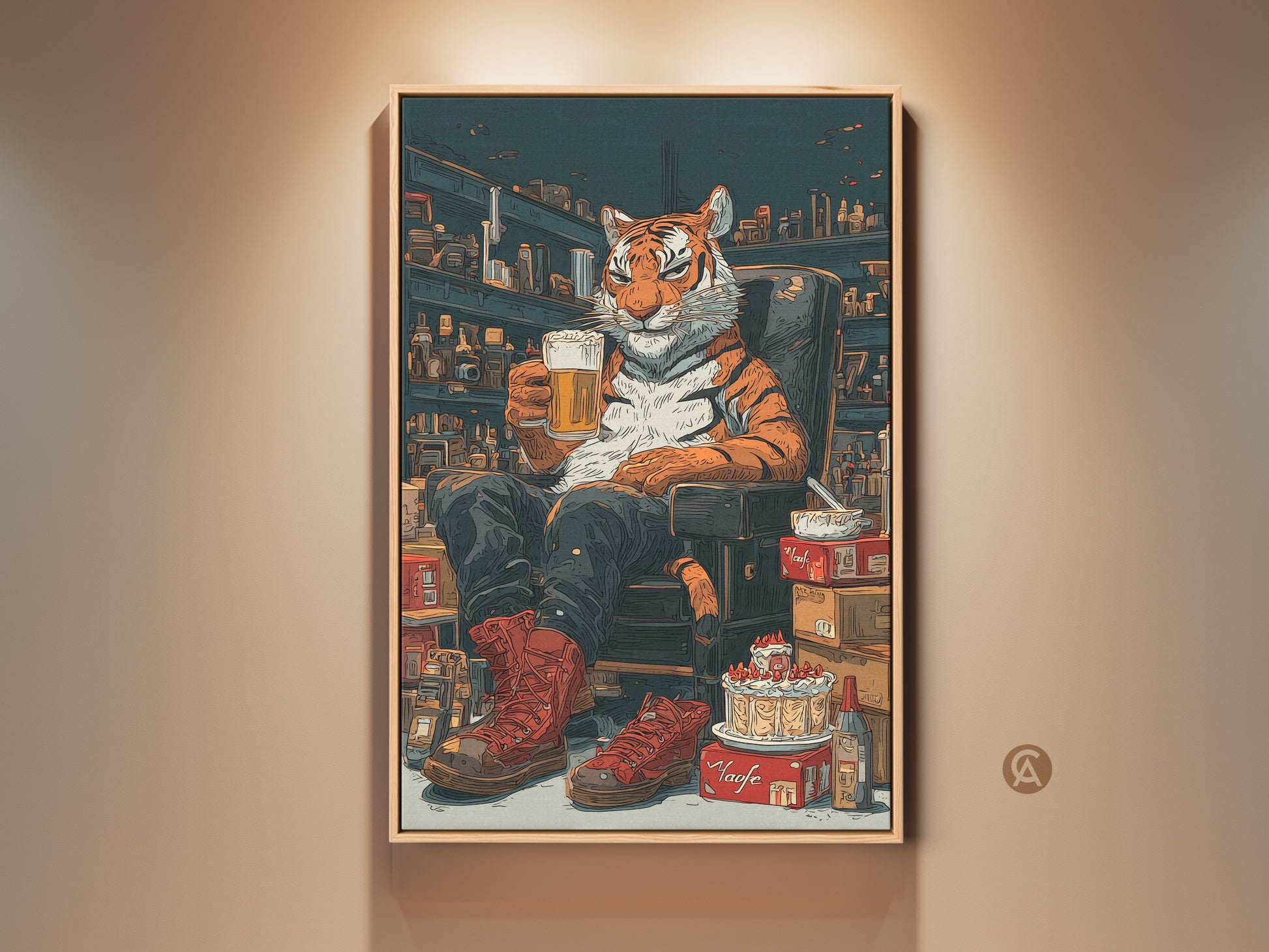 Tiger with Beer Canvas Art in a man cave setting. This pop art animal print features a comic style tiger wall decor. It's an eclectic gift for him a beer lover. The artwork has orange brown and dark teal colors.