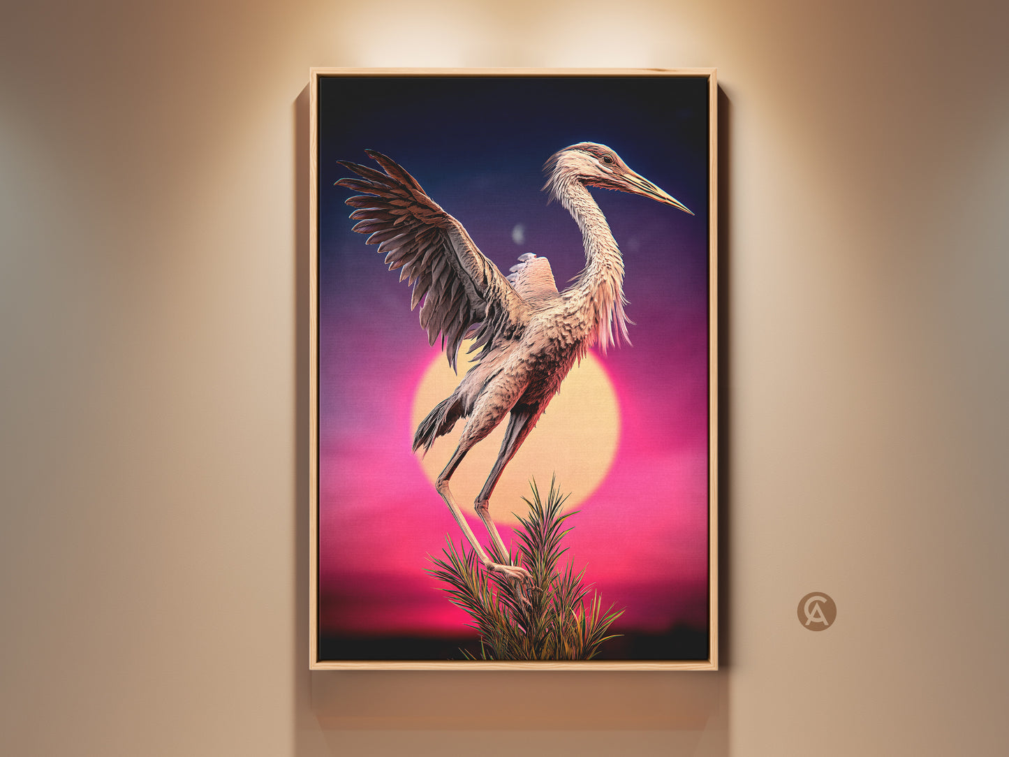 Framed retro surreal heron bird art. This purple and blue artwork features an eclectic bird against a sunset. It's perfect wildlife canvas decor for nature and bird lovers. This heron sunset wall decor adds a unique touch to any space. It's an ideal housewarming gift.