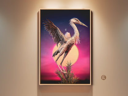 Framed retro surreal heron bird art. This purple and blue artwork features an eclectic bird against a sunset. It's perfect wildlife canvas decor for nature and bird lovers. This heron sunset wall decor adds a unique touch to any space. It's an ideal housewarming gift.