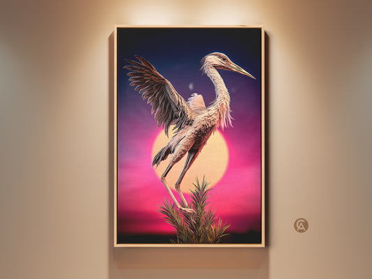 Framed retro surreal heron bird art. This purple and blue artwork features an eclectic bird against a sunset. It's perfect wildlife canvas decor for nature and bird lovers. This heron sunset wall decor adds a unique touch to any space. It's an ideal housewarming gift.
