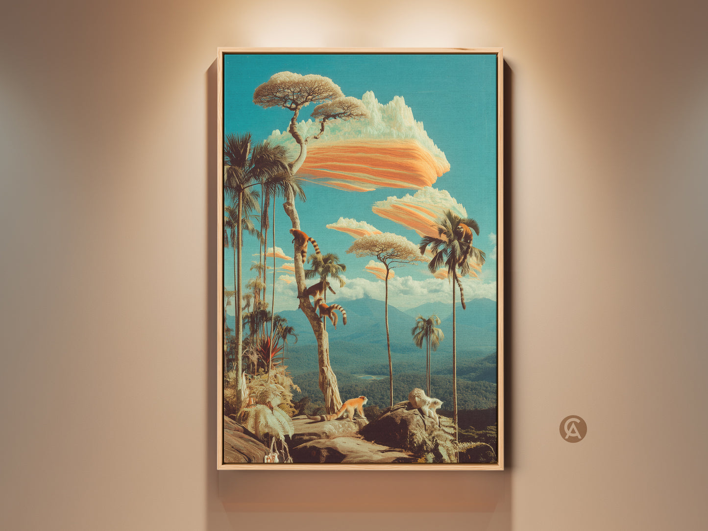 Teal and Orange Surreal Canvas artwork. This retro lemur & exotic trees art print is ideal for eclectic jungle landscape wall decor. It is a thoughtful nature lovers gift idea for a study room or home office.