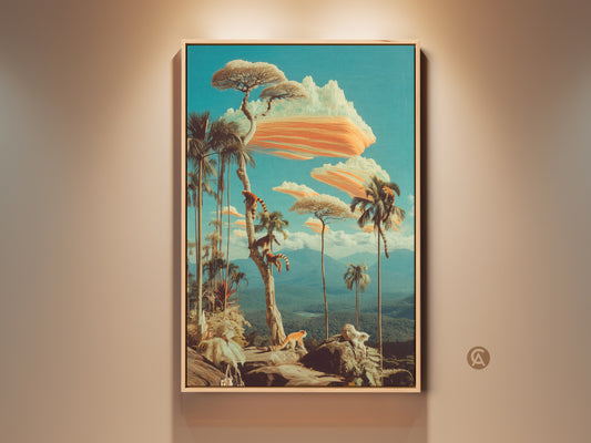 Teal and Orange Surreal Canvas artwork. This retro lemur & exotic trees art print is ideal for eclectic jungle landscape wall decor. It is a thoughtful nature lovers gift idea for a study room or home office.