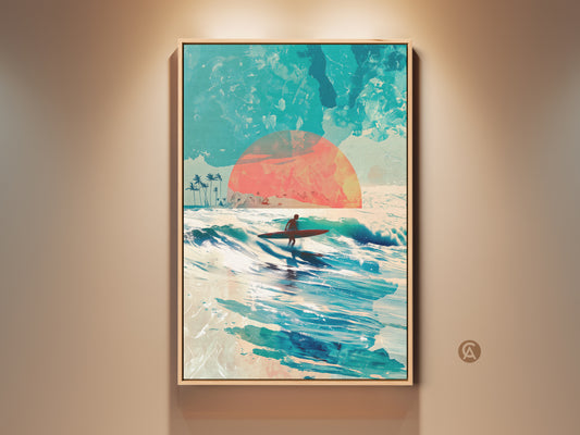 Framed surfer artwork on a beige wall. This ocean surf art captures the essence of a surfer riding a wave into the sunset. The artwork has a light wood frame. Bring the beachy vibe to your home decor with our framed canvas art.