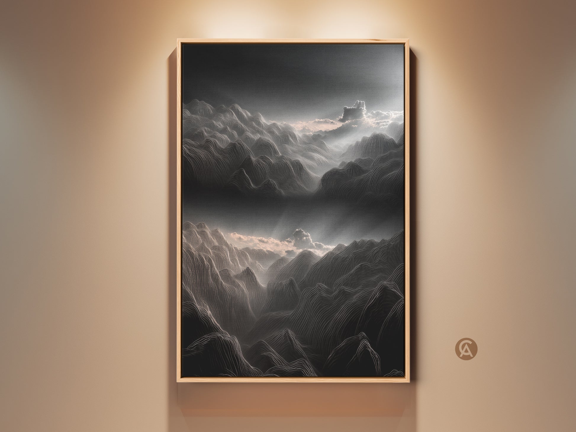 Modern minimalist landscape line art print on canvas. Dark gray and white mountains with clouds create a serene vista. Perfect wall decor for bedroom or office. The artwork brings nature's grandeur indoors.