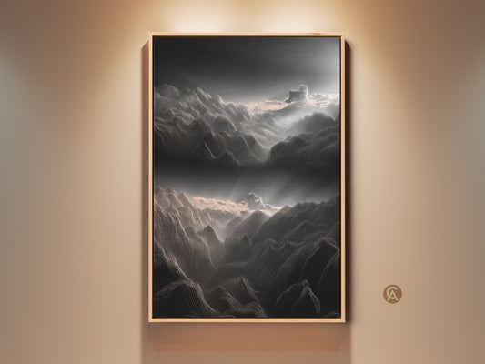Modern minimalist landscape line art print on canvas. Dark gray and white mountains with clouds create a serene vista. Perfect wall decor for bedroom or office. The artwork brings nature's grandeur indoors.