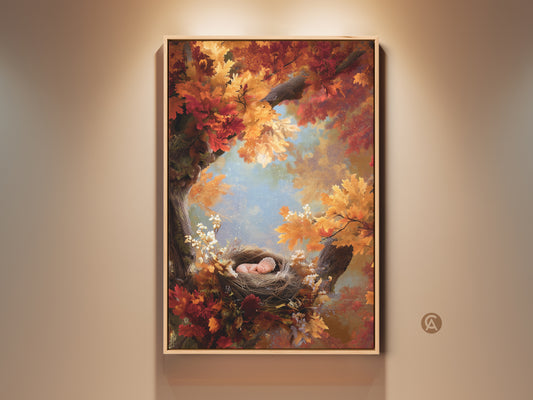 Framed artwork of a baby sleeping peacefully in a nest. The nest is nestled within the branches of a vibrant autumn tree. Perfect nursery art. The golden and red leaves create a warm and inviting atmosphere. A serene and heartwarming piece of wall decor.