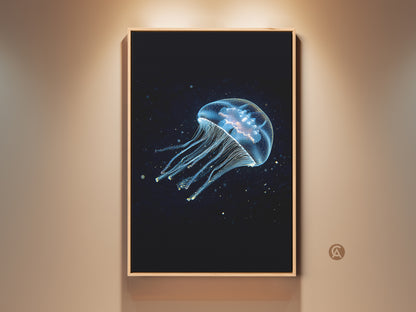 A framed canvas print displays abstract jellyfish art. The bioluminescent ocean life canvas is set against a deep blue backdrop. This marine wall decor adds an ethereal touch. It's a unique gift for ocean lovers seeking contemporary artwork.