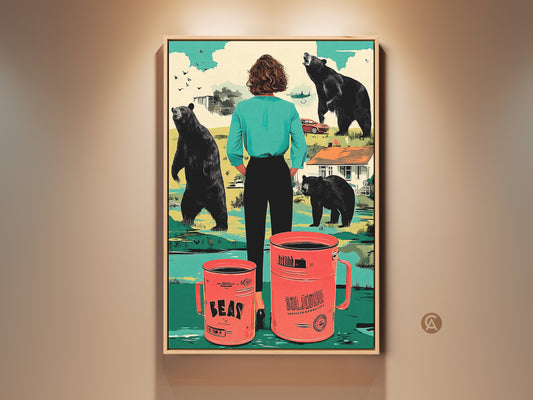Surrealism meets retro in this eclectic wall art print. The artwork features bears and oversized coffee mugs in teal orange and red hues. This quirky piece adds personality to any space It's ideal for coffee lovers or as a unique housewarming gift adding charm to eclectic living rooms.