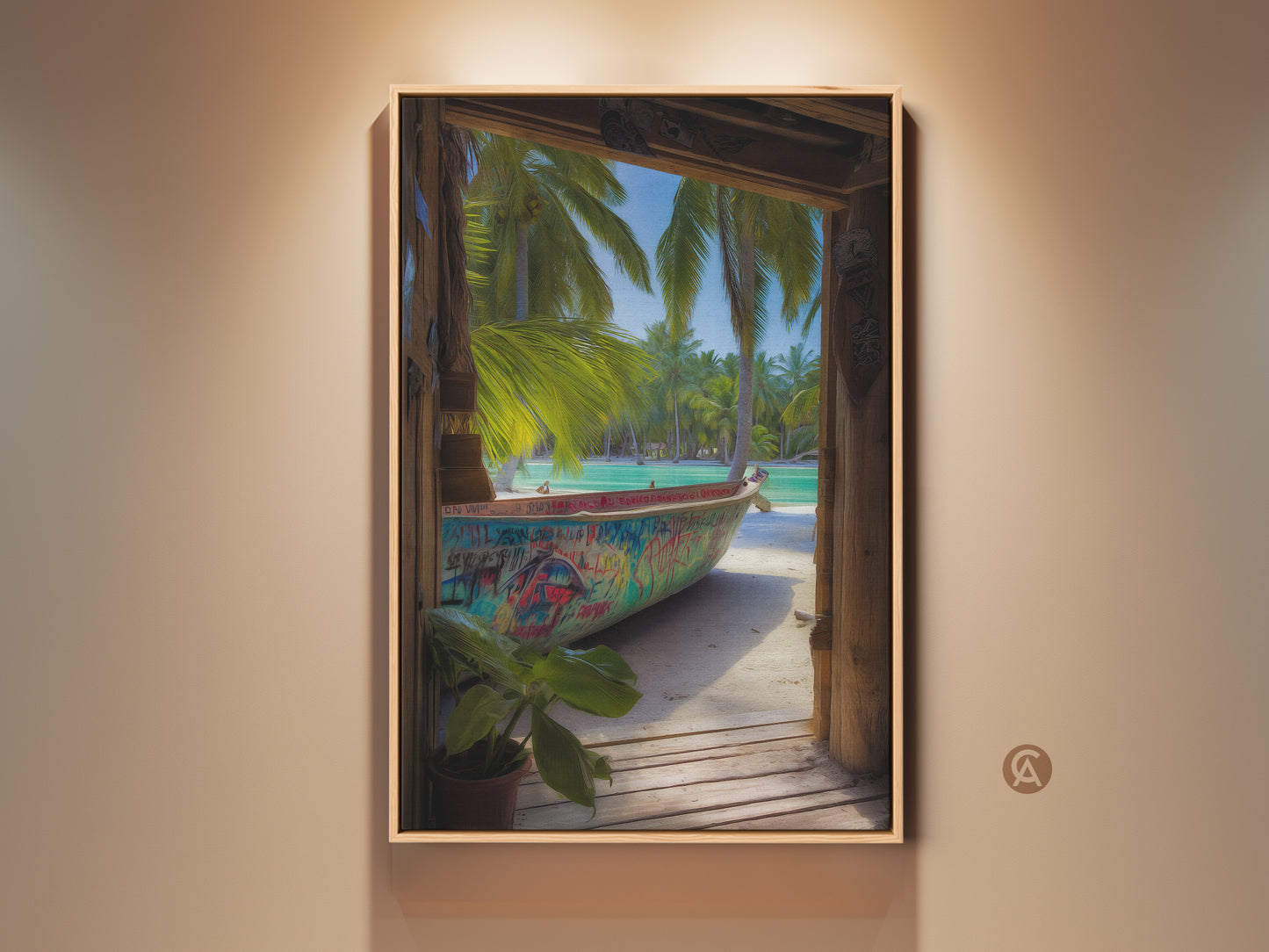 A framed canvas print shows a graffiti boat and palm trees. This aqua turquoise beach wall art brings a boho coastal vibe to your home. This tropical artwork provides summer vibes.