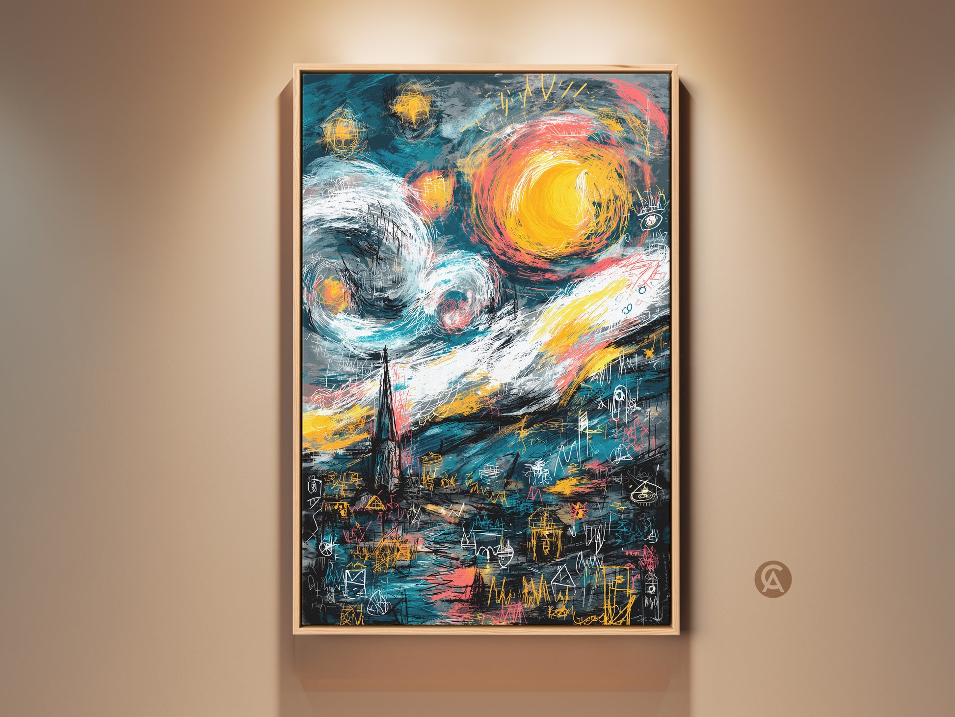 Discover a captivating artwork. It is a modern twist on Van Gogh's Starry Night. This framed art brings a touch of impressionism to any space. Perfect for art lovers seeking unique wall decor.