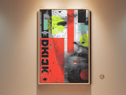 A vibrant abstract face wall art print. The artwork features a grunge collage with red yellow and teal hues. This eclectic home decor art adds a modern touch to any room. The typography portrait print is framed in a natural wood tone. It's a unique housewarming gift for art collectors.