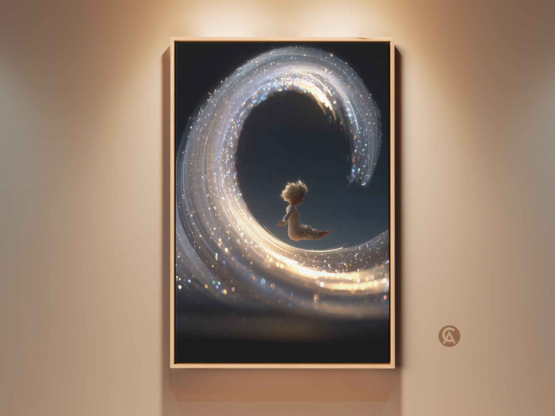 Fantasy Wall Art Print featuring a child riding a gold sparkle light wave. This dreamy canvas art brings ethereal beauty to any room. Perfect as bedroom decor or a gift for dreamers. The abstract art style adds a touch of magic and wonder. Add bohemian style to your home with this dreamy art print.