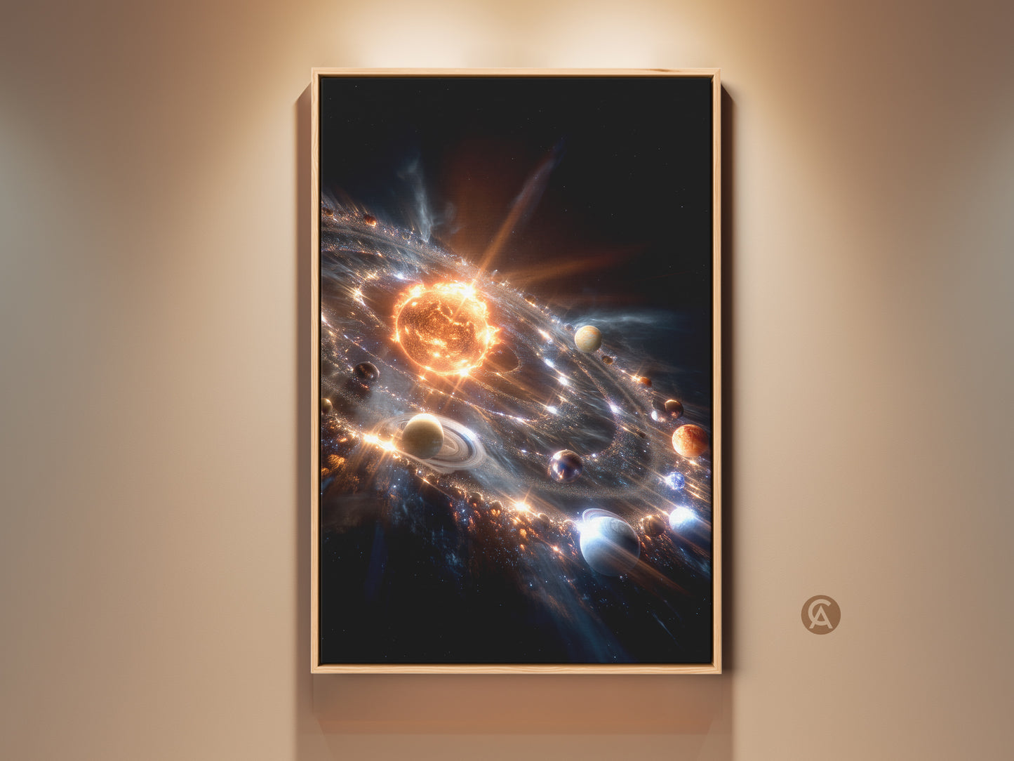 Framed solar system artwork showcases a vibrant sun surrounded by planets. It's a stunning piece of astronomical art. The artwork is displayed in a warm oak frame. It adds a touch of cosmic wonder to any room. Perfect for space enthusiasts seeking unique decor.