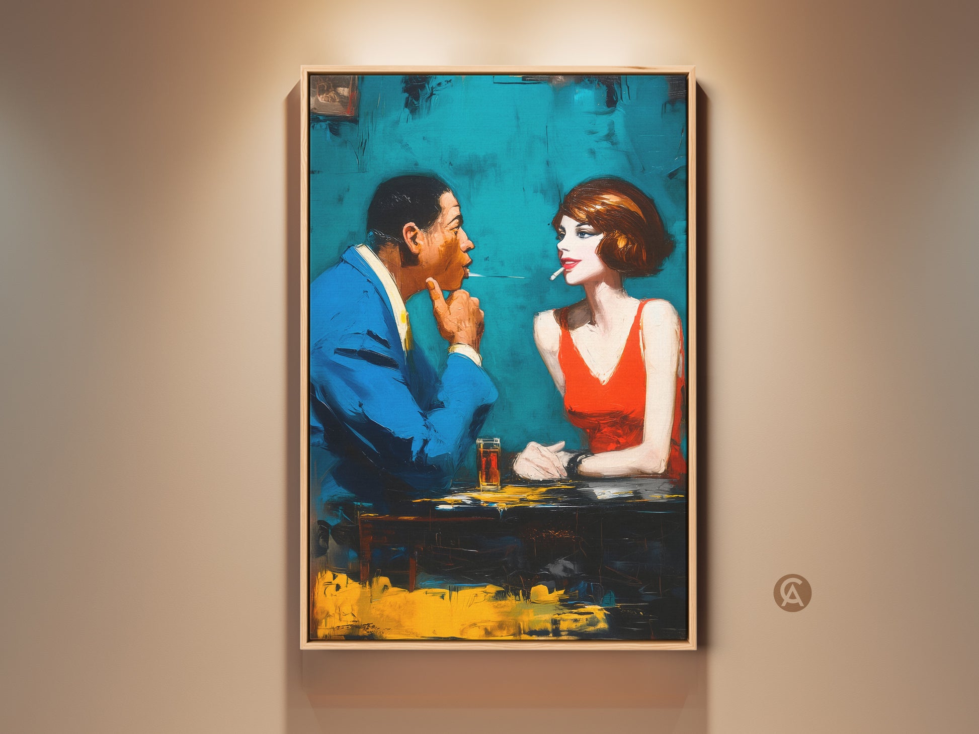 Experience the allure of this captivating artwork. It features a man and woman sharing a cigarette. The painting style is expressive. It showcases vibrant colors and evokes a sense of intrigue. Perfect for adding a touch of sophistication to your space. Shop now for unique art prints and elevate your home decor.