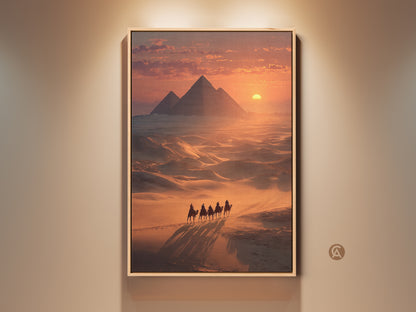 Egyptian Pyramids & Camel Caravan Canvas Artwork. Golden sunset casts long shadows over the desert dunes. This eclectic travel decor brings ancient history to your walls. A perfect housewarming gift for adventure seekers. The sandy brown and goldenrod tones create a warm inviting atmosphere.