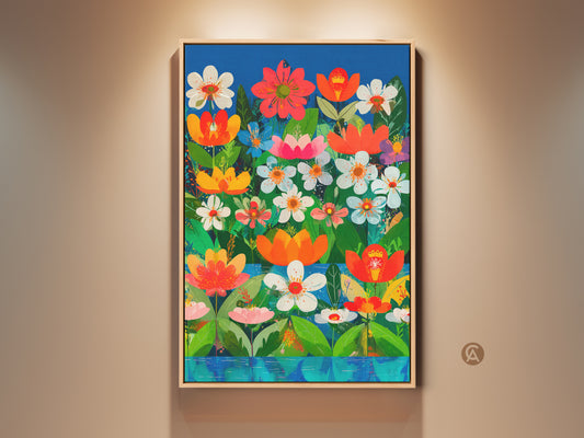 Boho botanical artwork displayed in a room setting. This colorful flowers wall art features a folk art style canvas. It adds a vibrant touch to bedroom decor. Perfect gift for plant lovers looking for unique home accents.