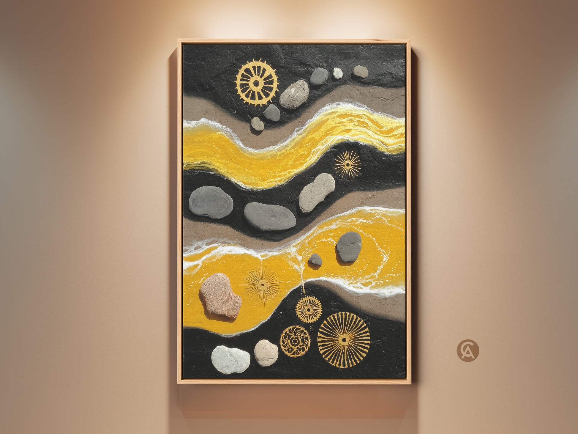 Framed yellow and black abstract artwork. This textured canvas print features pebbles and gears. It's perfect for entryway wall decor or as a gift for designers. The modern eclectic piece enhances any space.