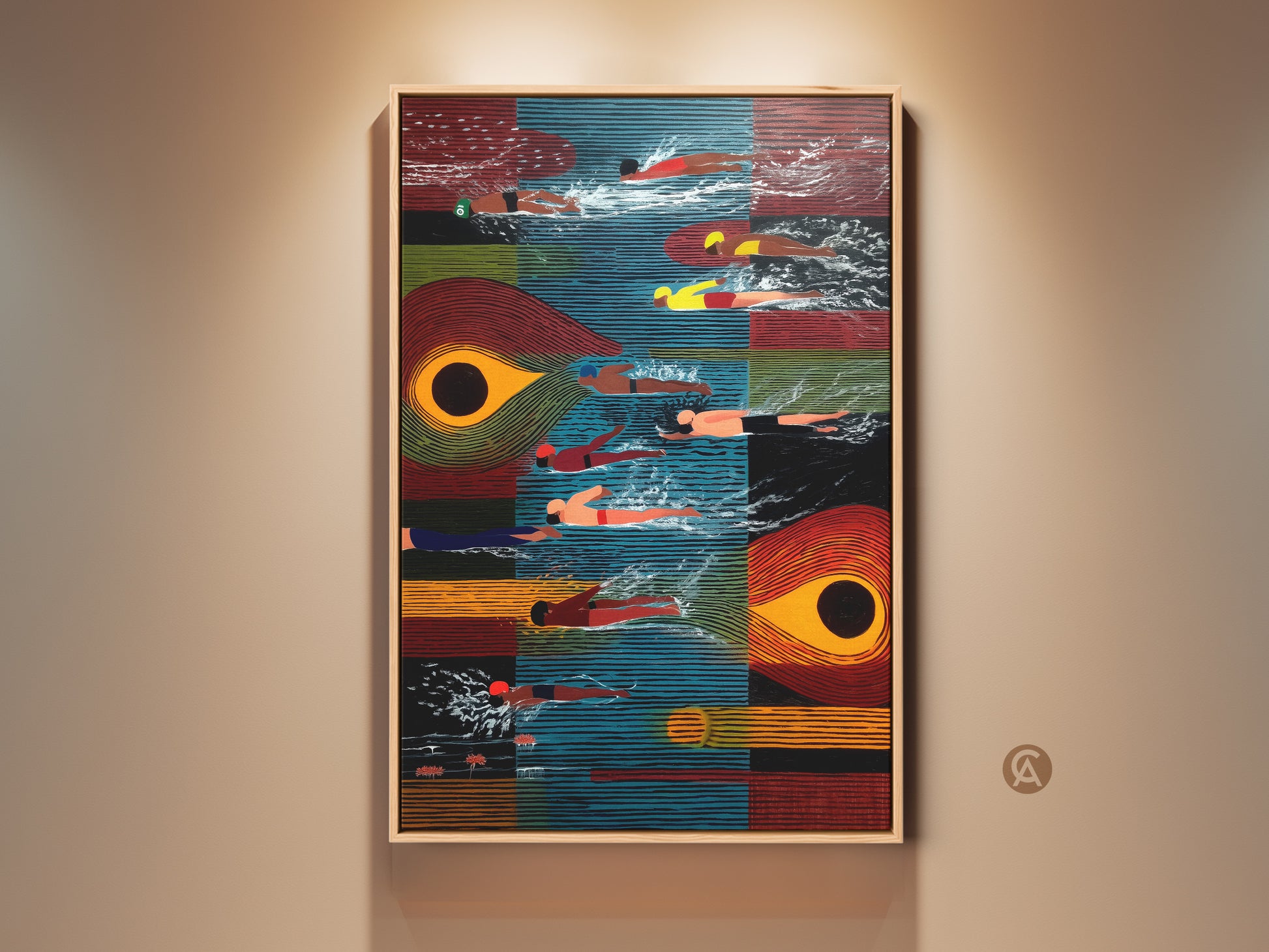 A vibrant mid-century modern art print displays abstract swimmers. The orange blue and red canvas evokes energy. It's perfect unique gift for bedroom or living room decor. This retro sports artwork brings a colorful touch to any space. Consider this abstract pool scene art for artistic home decor. It is ideal for swimmers.